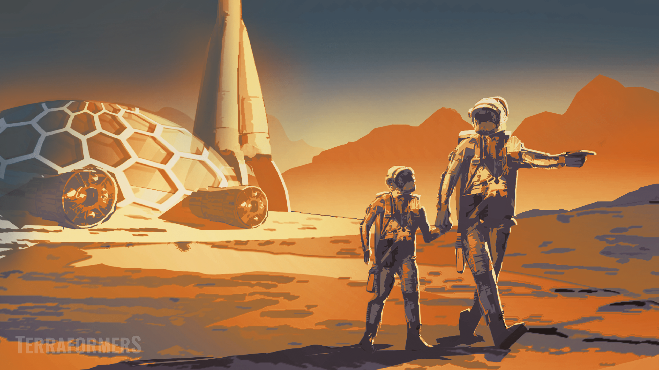 Dome city on Mars, with a girl an her father in martian space suits.